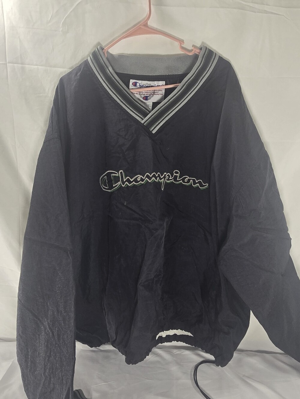 Vintage Champion V-Neck Pullover Windbreaker Jacket Black XXL